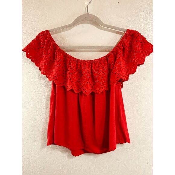 Sim & Sam Women's Red Eyelet Lace Off The Shoulder Crop Top Size M - Picture 3 of 3